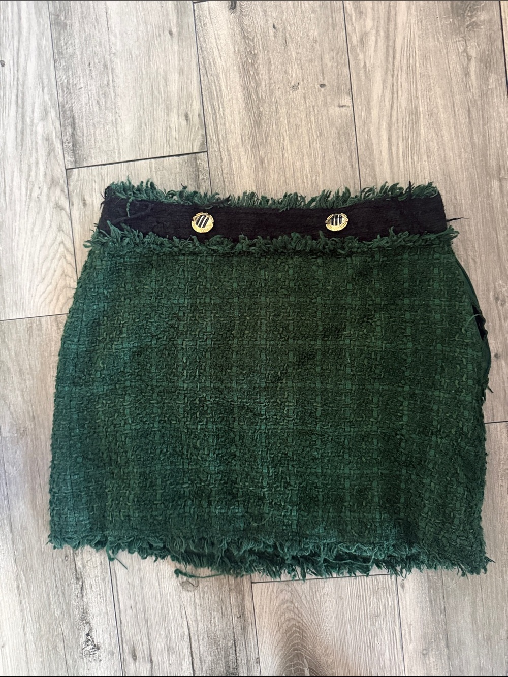 Frayed Tweed Mini Skirt in Forest Green with Decorative Buttons